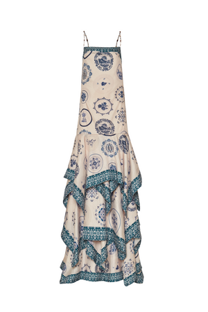 Ghost image of the porcelana maxi dress in white with blue print.