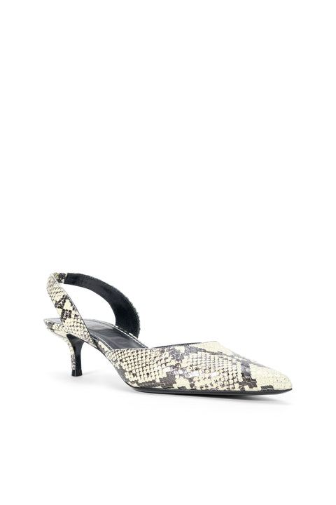 Front angle  of a white snake print slingback kitten heel
