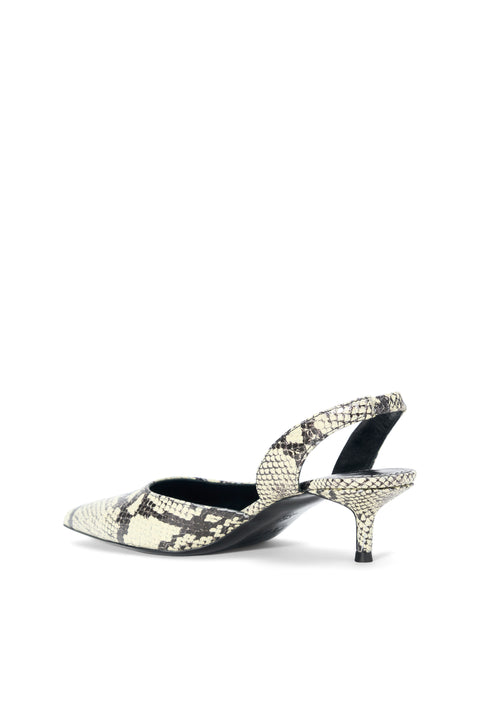 back of a white snake print slingback kitten heel. 