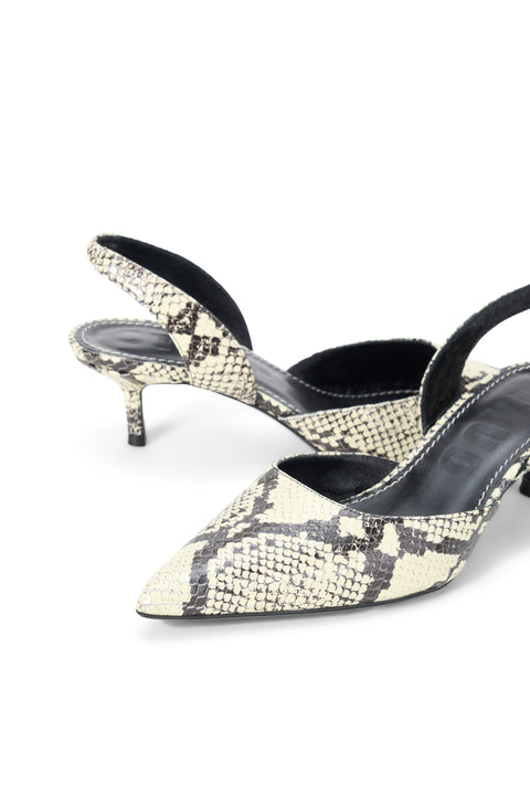 A pair of white snake print slingback kitten heel. 