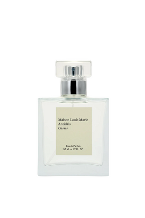 Maison Louis Marie Antidris Citrus Eau de Parfum in a square clear glass bottle with a silver atomizer and a beige label, centered on a white background.