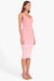 Model turned towards the right in the pink ombre stripe midi dress