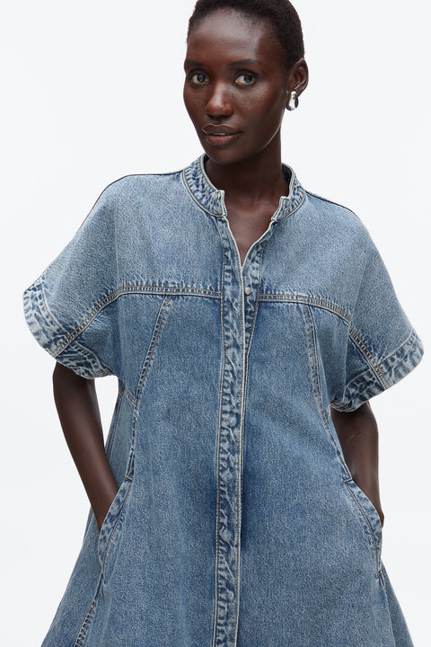 Lightweight Denim Short Sleeve Trapeze Dress