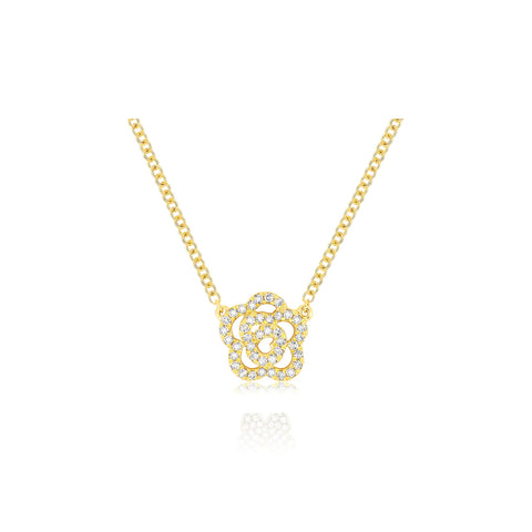 Zoomed in ghost image of the yellow gold and diamond rose necklace.