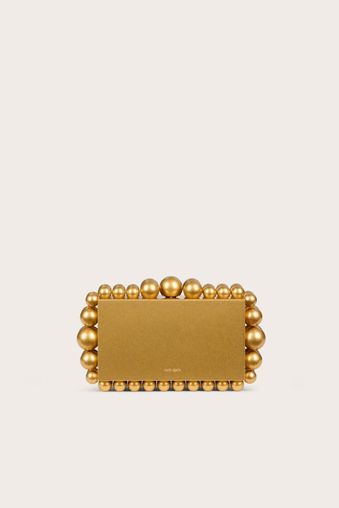 A gold-toned metal rectangular clutch that features matching beads in graduating size lining the perimeter. 