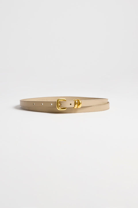 Tan colored double wrap leather belt with brushed gold hardware.