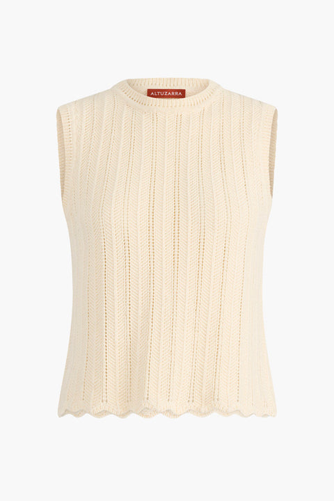 Cream cotton knitted tank top with scalloped trim hem.