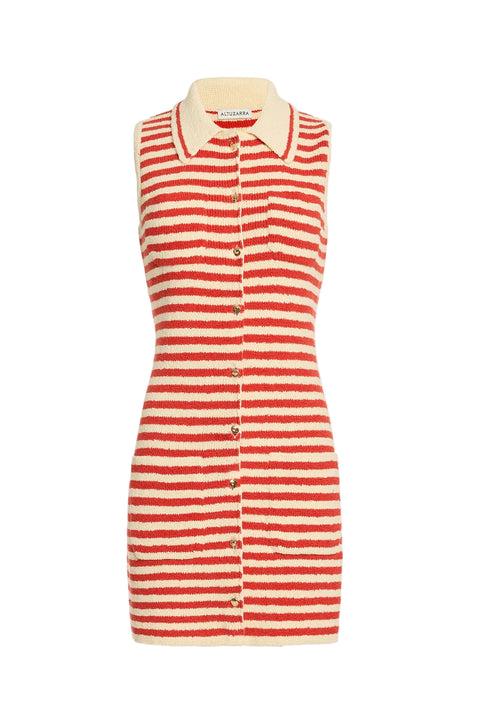 Red and white striped dress with collar and buttons down the center against a white background