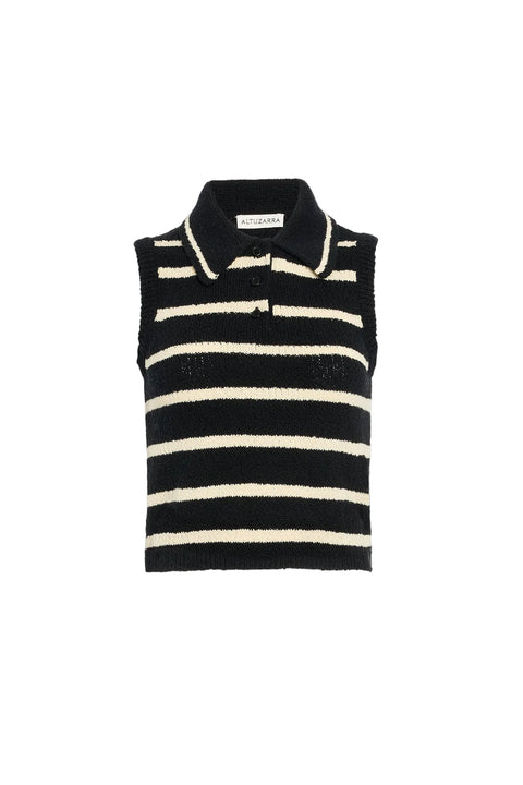 Black and white striped sleeveless top with collar on a white background