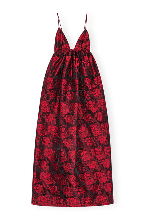 Ghost image of the botantical jacquard long strap maxi dress in red and black.