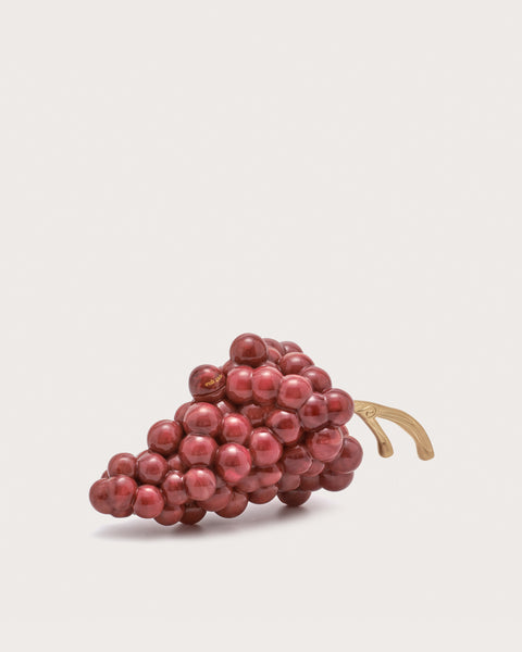Acrylic artful clutch that resembles a bunch of red grapes with a gold-toned stem. 