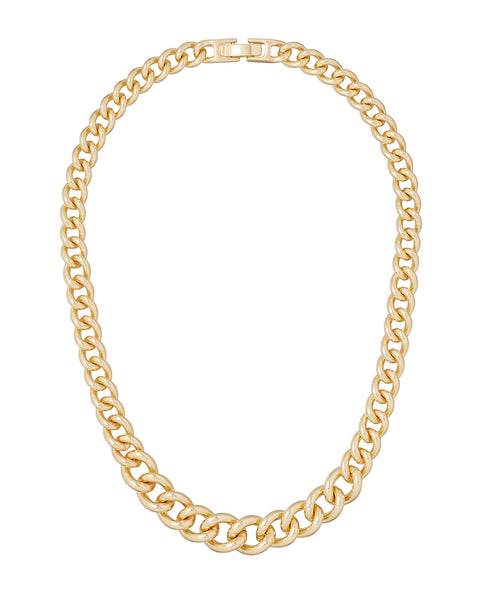 A gold-toned chain necklace with links graduating in size.