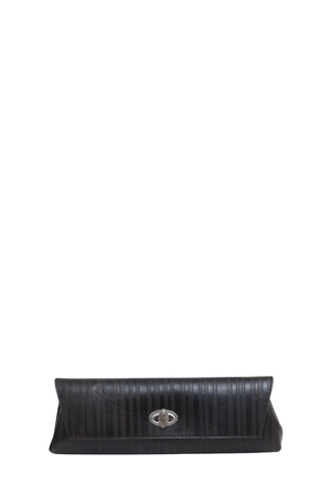 A dark brown textured leather clutch bag with a silver oval logo clasp, positioned horizontally against a solid white background.