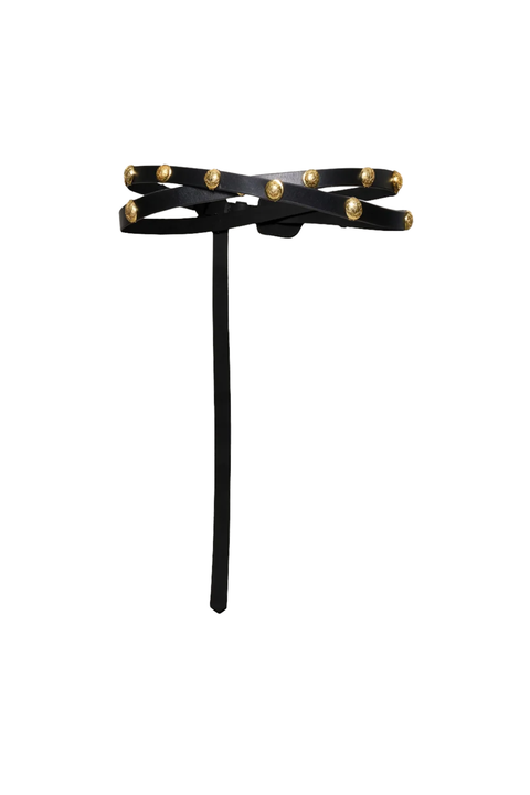 Black belt with gold studs on a white background. 
