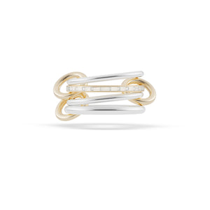 Ghost image of a Spinelli Kilcollin Kira ring that features two 1.7mm sterling silver bands, a 1.8mm 18k yellow gold band with channel-et baguette cute white diamonds, and a 2.3mm sterling silver band, all connected by three 18k yellow gold connectors. 