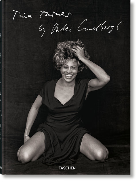 Cover of a coffee table book called "Tina Turner by Peter Lindbergh" that depicts Tina Turner in black and white. 