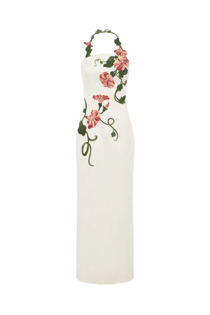 Ava Halterneck Applique Floral Bustier Maxi Dress