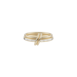 Ghost image of a Spinelli Kilcollin Leora ring that features a 1.77mm 18k yellow gold band and a 2.3mm 18k yellow gold band with channel-set baguette cute white diamonds, connected by two matching 18k yellow gold connectors. 