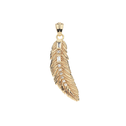 Gold feather pendant that features a row of white stones down the spine of the feather.