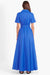 Model facing the back in the bright blue belted maxi dress