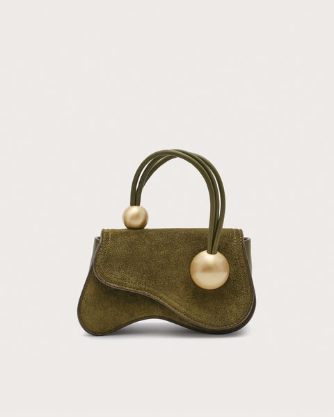 Gold suede mini bag with a top handle and gold-toned hardware