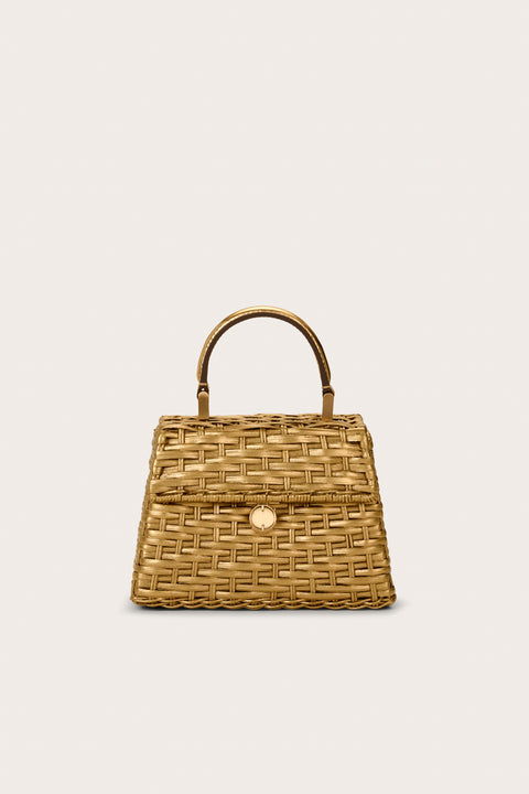 A trapezoidal structured woven mini bag that features a gold-toned, metallic finish, with a top handle and gold-toned hardware. 