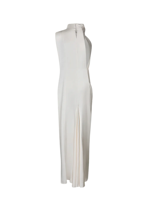 An off-white sleeveless midi dress with a mock neck and side slit, displayed on a mannequin against a plain white background.