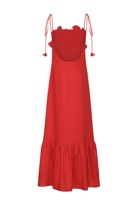 Back of red linen maxi dress with slim straps.