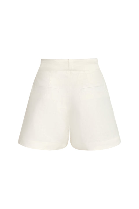 Back of white linen shorts.
