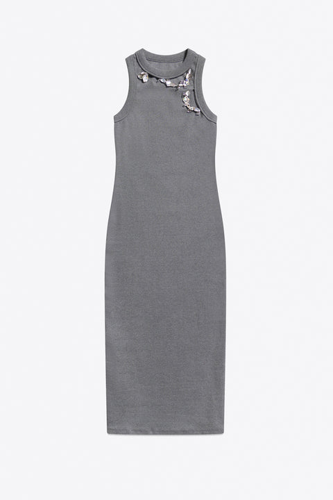 Distressed Crystal Ribbed Knit Midi Tank Dress