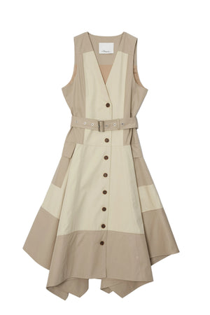 Beige and brown sleeveless dress with buttons on a white background