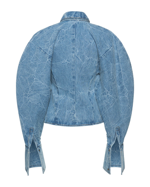 Acid Wash Denim Puff Sleeve Shirt
