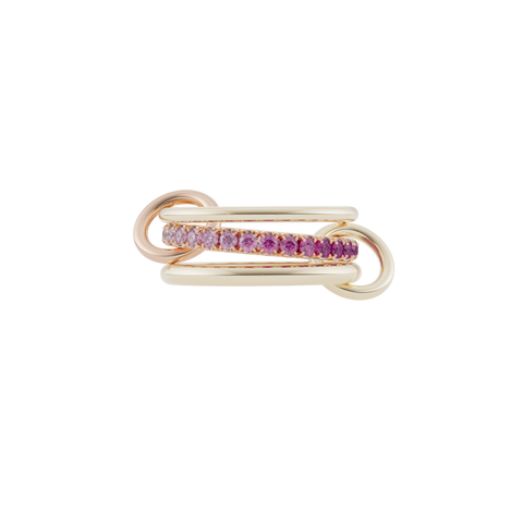 Ghost image of a Spinelli Kilcollin Petunia ring that features one 1.7mm 18k yellow gold band, one 2.3mm 18k yellow gold band, and one 2.8mm 18k yellow gold band pave with ombre pink sapphires, all connected by two 18k yellow gold connectors. 