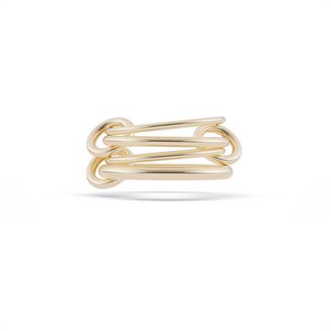 Ghost image of a Spinelli Kilcollin Pisces ring that features two 1.2mm yellow gold bands, a 1.7mm yellow gold band, and a 2,3mm yellow gold band, connected by three yellow gold connectors. 