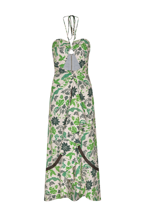 Ghost image of the cut out midi dress with halter neck in green garden print.