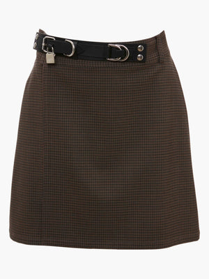 Ghost image of the padlock strap mini skirt in brown plaid.