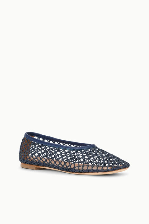 Front angle of a navy mesh ballet flat. 