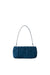 Blue suede bean bag shown with the leather strap option