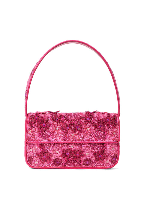 Two-toned, hot pink beaded shoulder bag that features intricate floral designs and appliques. 