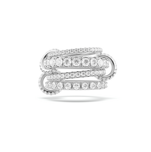 Ghost image of a Spinelli Kilcollin ring that features a very thin platinum band with pave white diamonds, a very thick platinum band with pave white diamonds, a thin platinum band with pave white diamonds, and a thick platinum band with pave white diamonds, all connected by three platinum connector rings with pave white diamonds. 