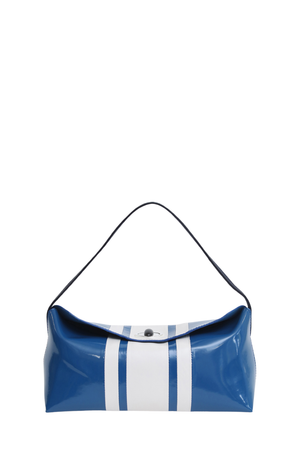 A glossy blue vinyl shoulder bag with three vertical white stripes on the front flap and a shoulder strap, shown against a plain white background.