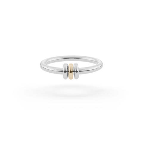 Ghost image of a Spinelli Kilcollin Sirius ring that features a 2.3mm sterling silver band with two sterling silver annulets and one 18k yellow gold annulet. 