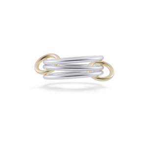 Ghost image of a Spinelli Kilcollin Solarium ring that features three 1.mm sterling silver bands connected by two 18k yellow gold connectors. 