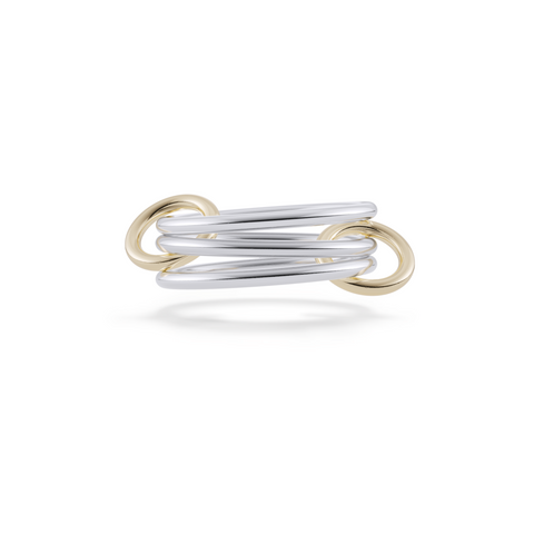 Ghost image of a Spinelli Kilcollin Solarium ring that features three 1.mm sterling silver bands connected by two 18k yellow gold connectors. 