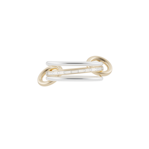 Ghost image of a Spinelli Kilcollin Sonja ring that features two 1.7mm sterling silver bands and one 1.8mm 18k yellow gold band with channel-set white diamonds, connected by two 18k yellow gold connectors. 