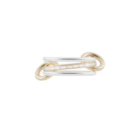 Ghost image of a Spinelli Kilcollin Sonja ring that features two 1.7mm sterling silver bands and one 1.8mm 18k yellow gold band with channel-set white diamonds, connected by two 18k yellow gold connectors. 
