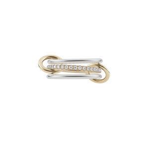 Ghost image of a Spinelli Kilcollin Sonny ring that features two 1.7mm 18k white gold bands and one 1.7mm 18k yellow gold band pave with white diamonds, connected by two 19k yellow gold connectors. 