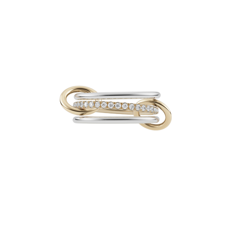 Ghost image of a Spinelli Kilcollin Sonny ring that features two 1.7mm 18k white gold bands and one 1.7mm 18k yellow gold band pave with white diamonds, connected by two 19k yellow gold connectors. 