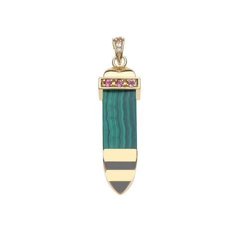 Green malachite sun ray pendant accented by pink and white topaz stones. 