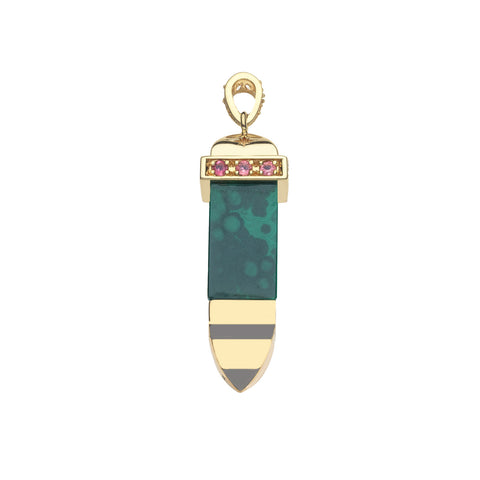 Side of a green malachite sun ray pendant accented by pink and white topaz stones. 